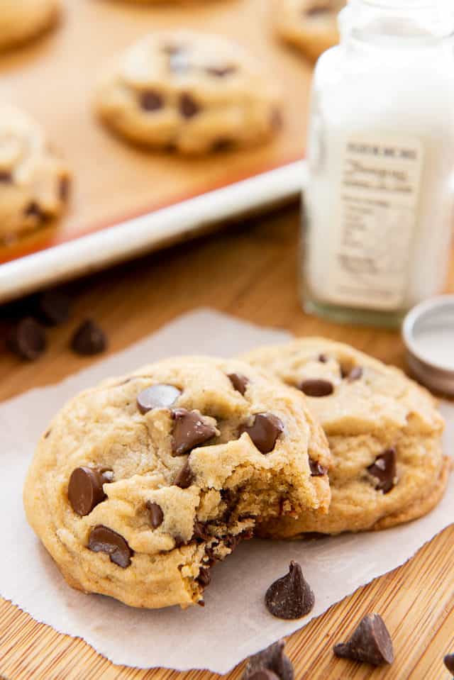 Chocolate Chip Cookie Recipe - Served on Wax paper on Wooden board