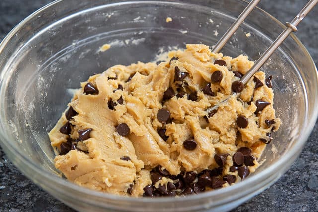 Easy Chocolate Chip Cookie Dough Mixed in Glass Bowl with Beaters