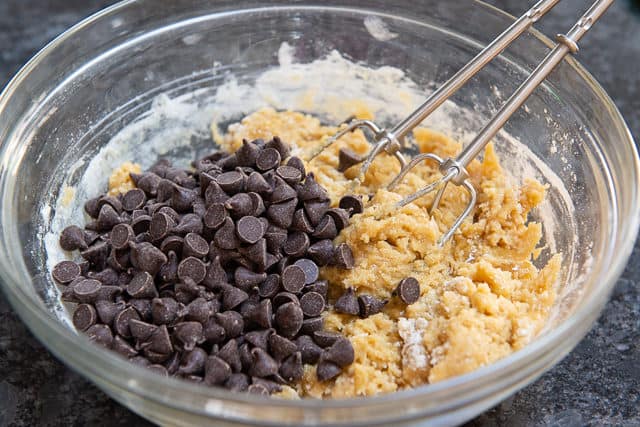 Chocolate Chip Cookie Dough in Bowl with Chocolate Chips on Top
