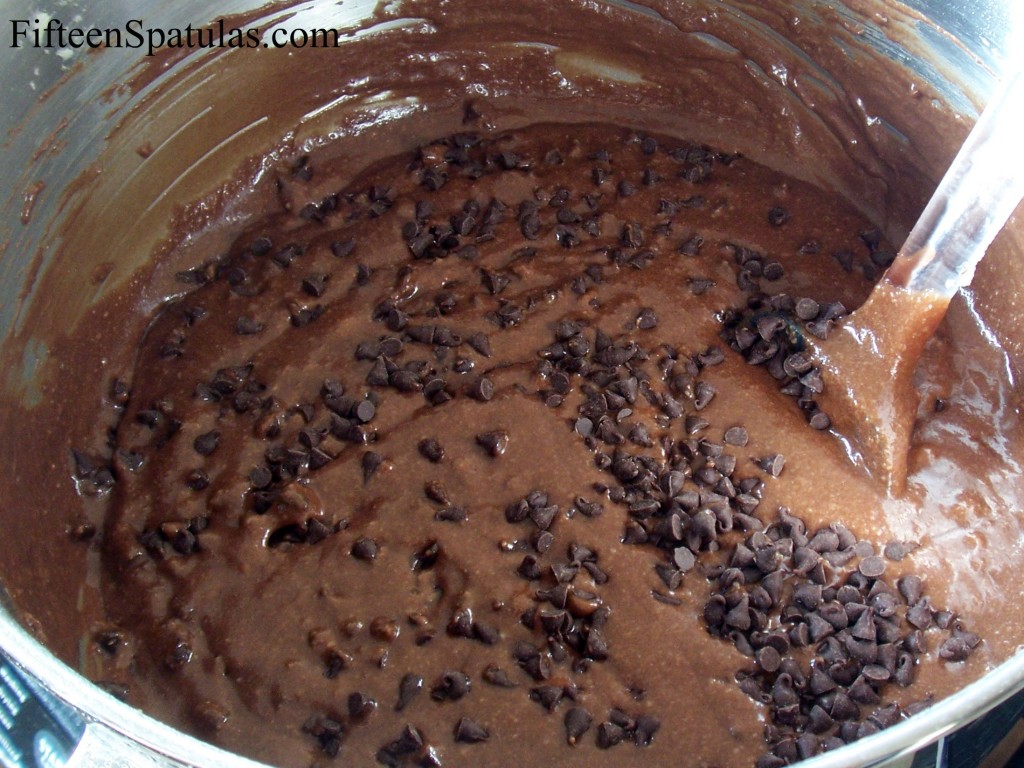 Dark Chocolate Cake Batter in a Bowl with Mini Chocolate Chips on Top