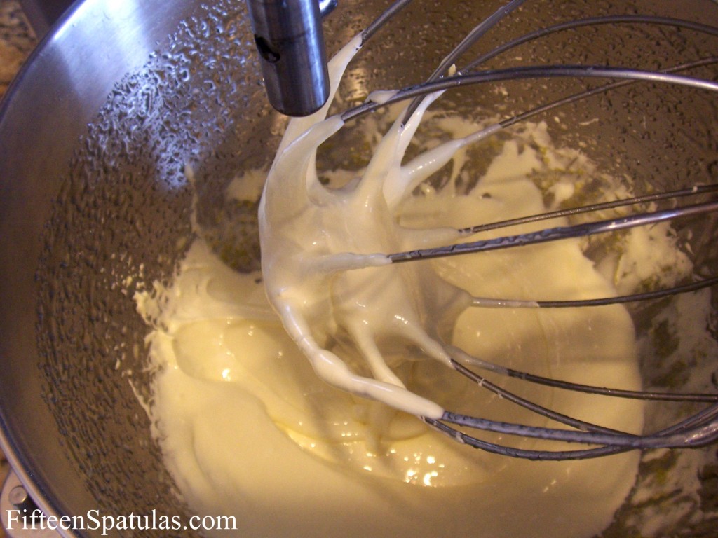 Buttercream Frosting in Stand Mixer Bowl with Whisk Attachment