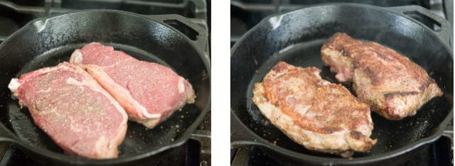 Side by Side Photos of Flipped Steak Showing Raw and Seared Sides