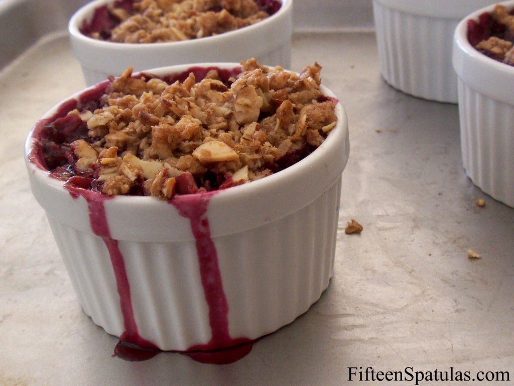 Cherry Crisps in White Ramekins with Almond Topping
