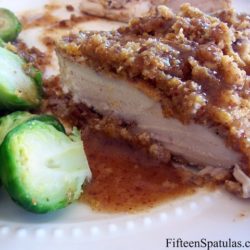 Cornmeal and Pecan Crusted Chicken Breast - With Honey Mustard Sauce and Brussels Sprouts on White Plate