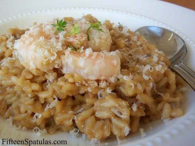 Shrimp Risotto with Parmesan and Brown Butter in White Bowl