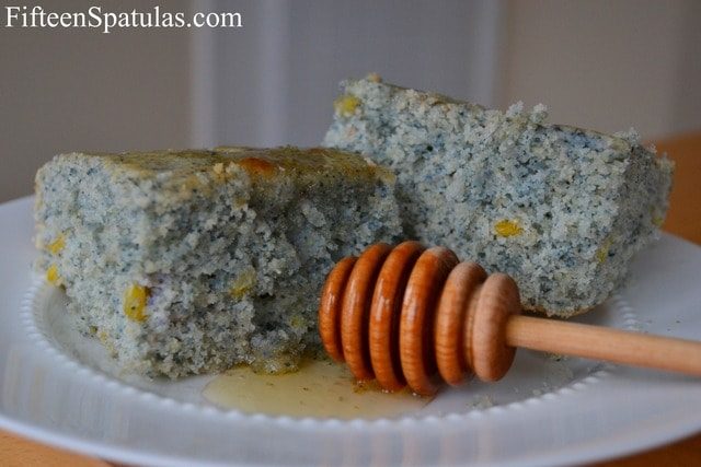 Blue Cornbread - Cut into Squares and Served with Honey and butter