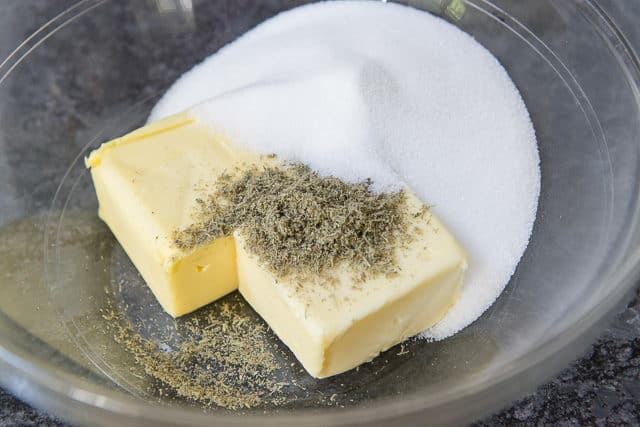Kerrygold Butter, Ground Lavender, and Sugar in a Bowl 