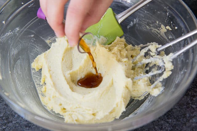 Adding Vanilla to Lavender Shortbread Dough in Bowl