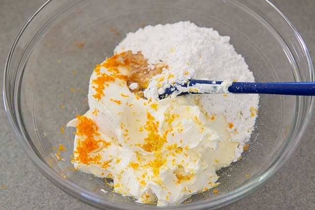 Mascarpone Filling - No Bake with Mascarpone, Powdered Sugar, Vanilla, and Citrus Zest in a Bowl