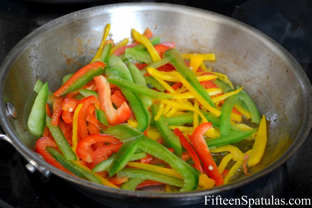 Tri-Color Sliced Bell Peppers in Skillet