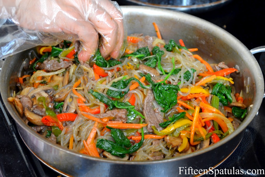 Korean Glass Noodles in Skillet Stir Fried with Spinach and Vegetables