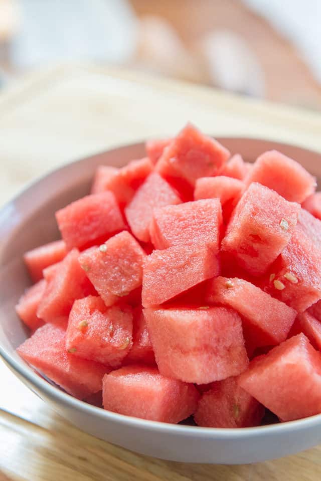 Ripe Watermelon cut into Cubes in Bowl 