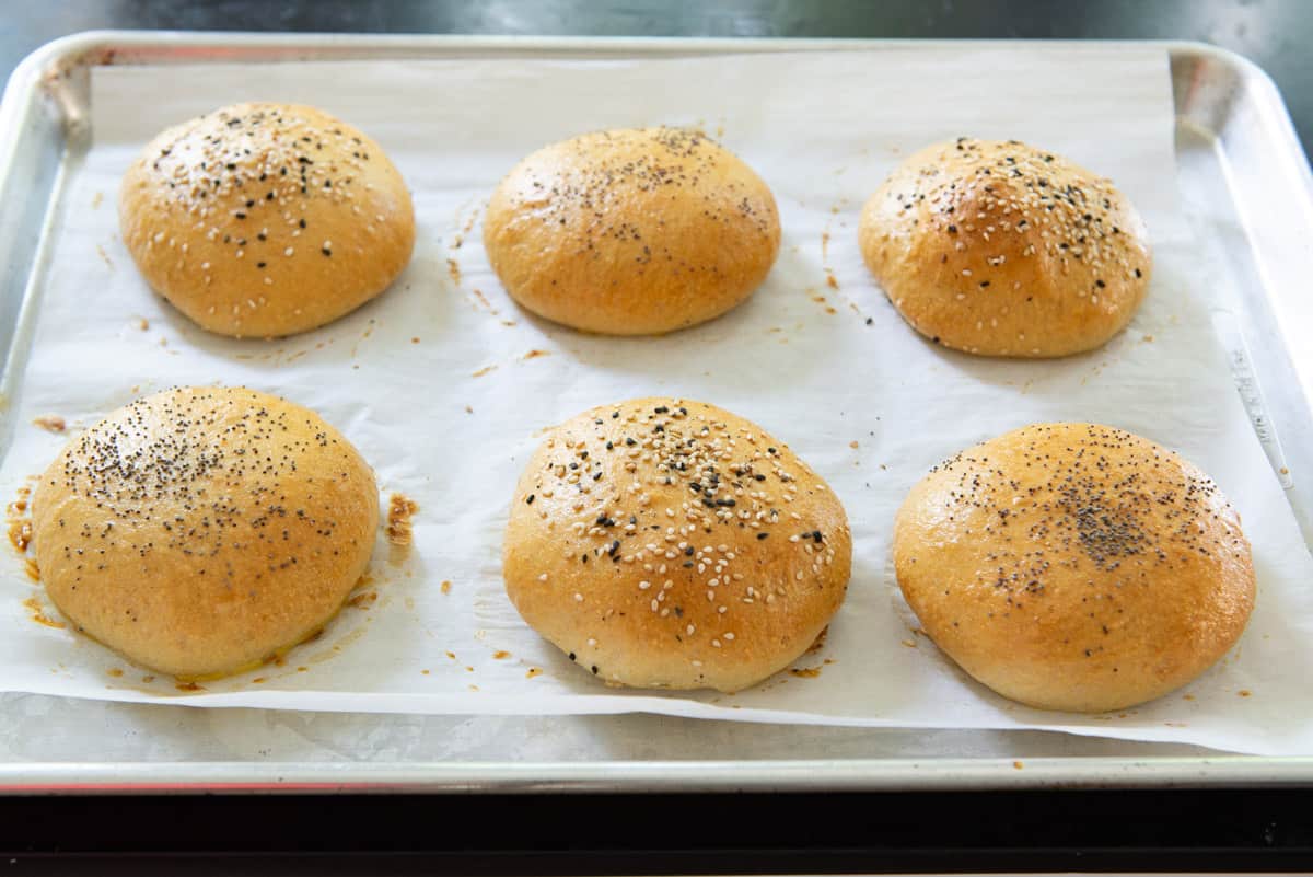 A Tray of Baked Homemade Whole Wheat Buns with Sesame Seeds