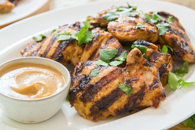 Chicken Satay Recipe - On a Platter with Cilantro and Peanut Sauce