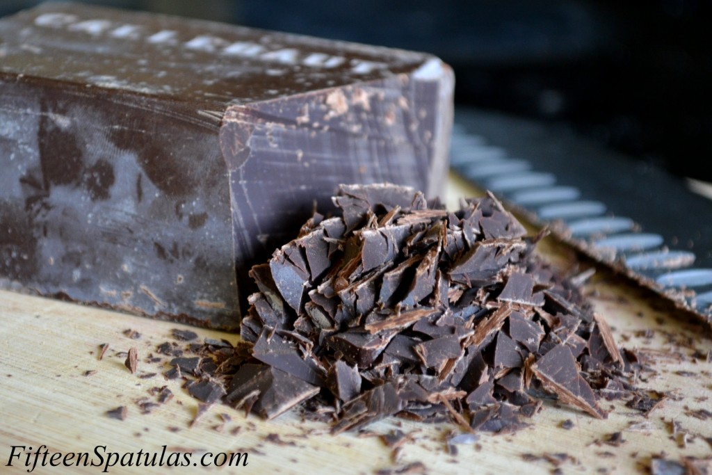 Shavings of Chocolate from a Big Callebaut Chocolate Block on Cutting Board