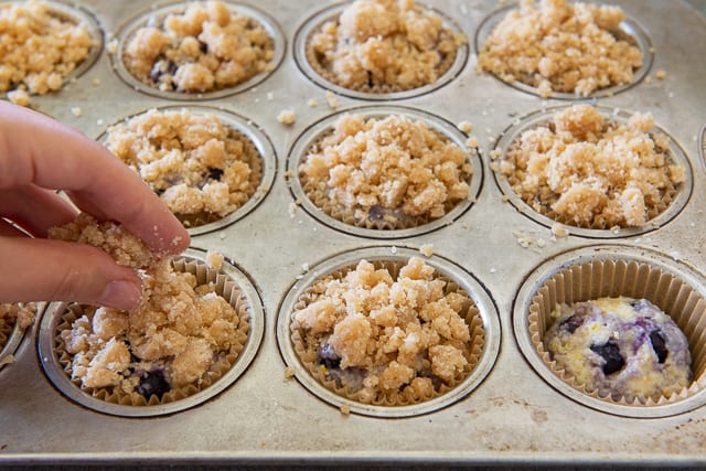 Putting Streusel Crumb Topping onto Scooped Muffin Batter
