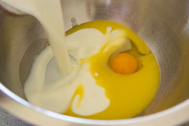 Egg, Buttermilk, and Melted Butter in a mixing Bowl