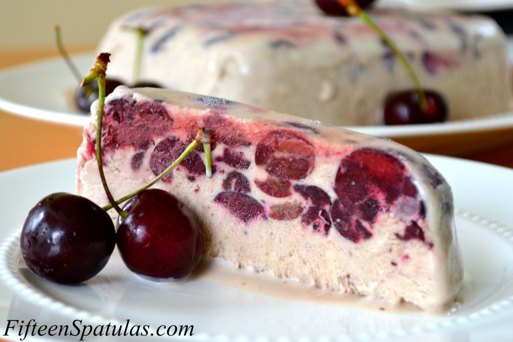 Cherry Semifreddo - Sliced and Served on White Plate with Fresh Cherries