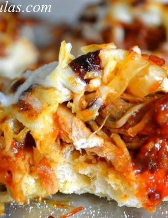 Pulled Pork Bruschetta with Caramelized Onions and Mozzarella