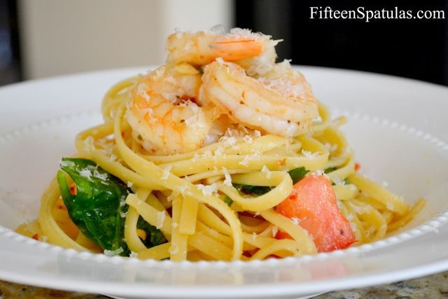Linguine with Shrimp, Tomatoes, and Spinach - And Parmesan Dusted on Top 