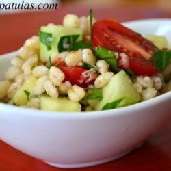Barley Salad - With Tomatoes, Cucumbers, and Herbs in White Bowl