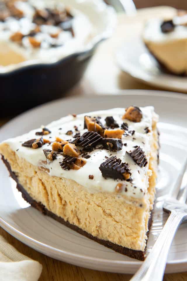 Peanut Butter Pie - Sliced and Served on Gray Plate with Fork