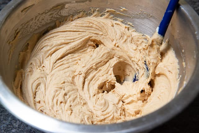 Whipped Peanut Butter Mascarpone Filing in mixing Bowl
