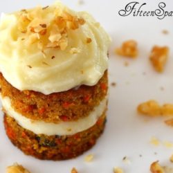 Mini Carrot Cake on White Platter with Mascarpone Frosting and Walnuts to Garnish