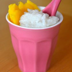 Sweet Rice Recipe - Served in Cup with Sliced Mango and Pink Spoon