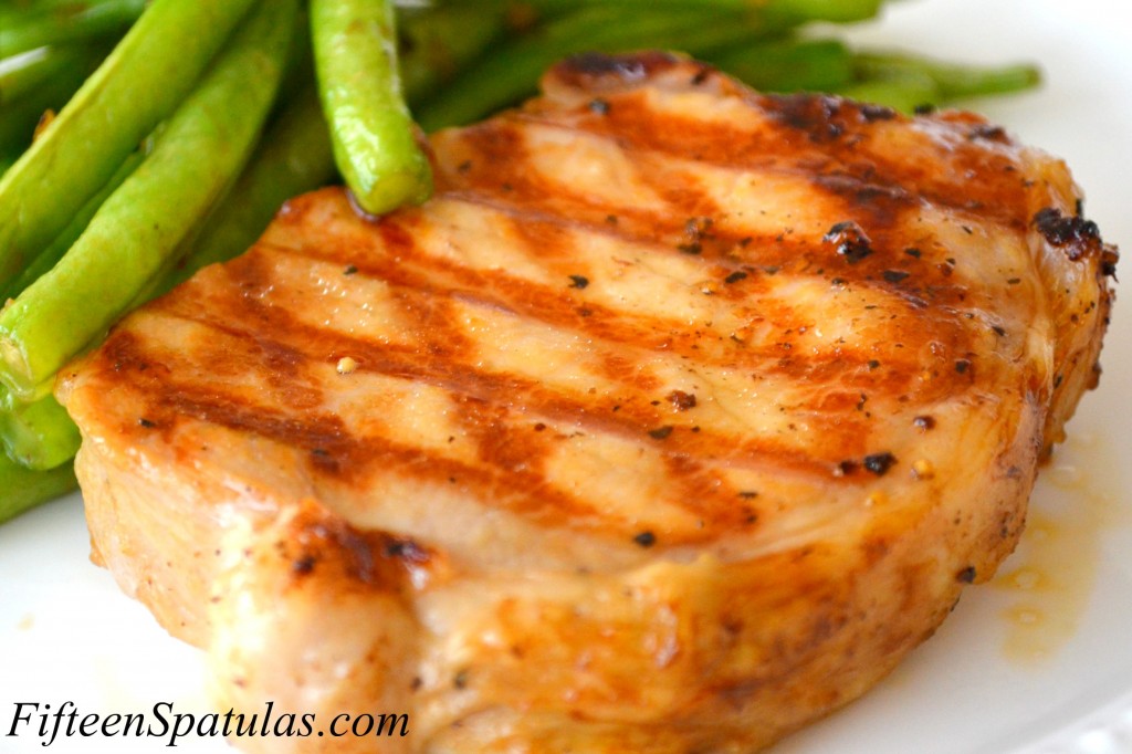 Sweet Tea Brined Pork Chop - On Plate with Grill Marks and Green Beans