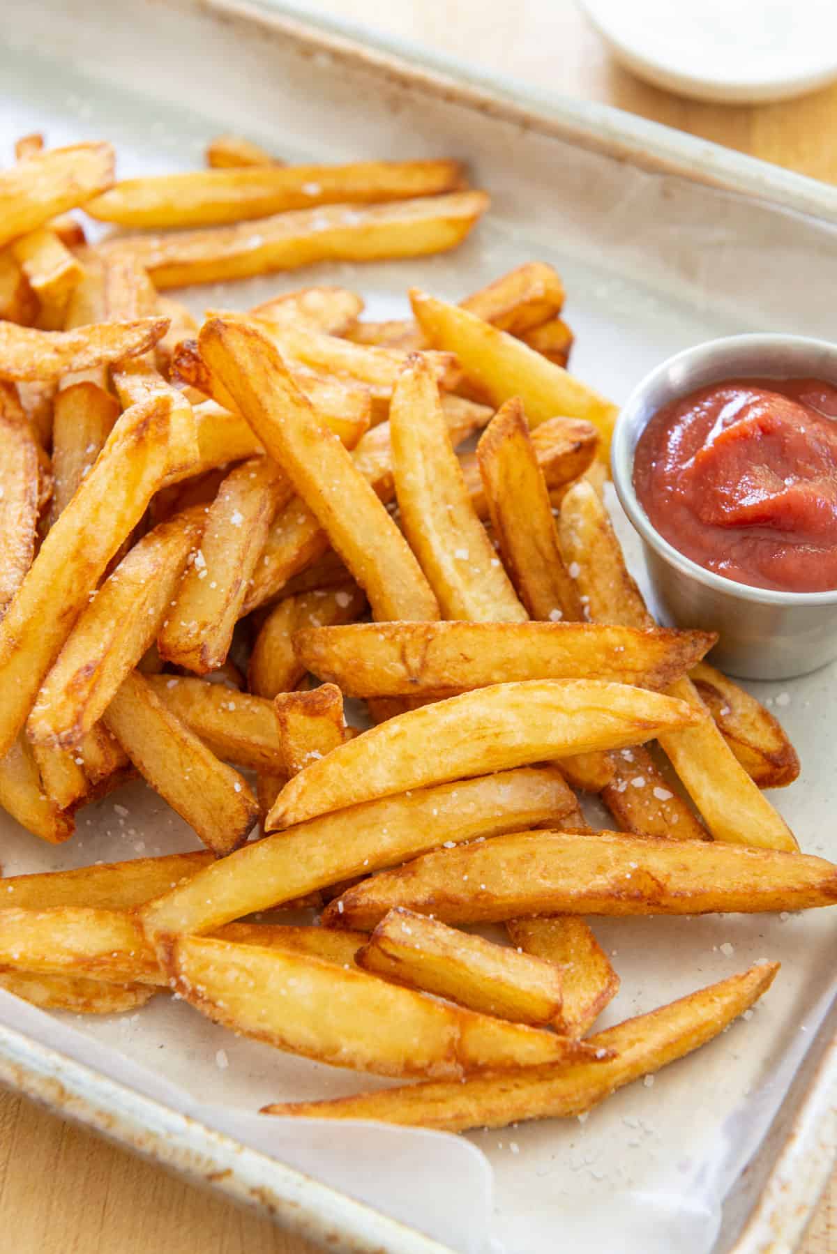 Homemade French Fries On Tray with Ketchup