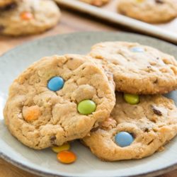 Monster Cookies on Blue Plate with M&Ms