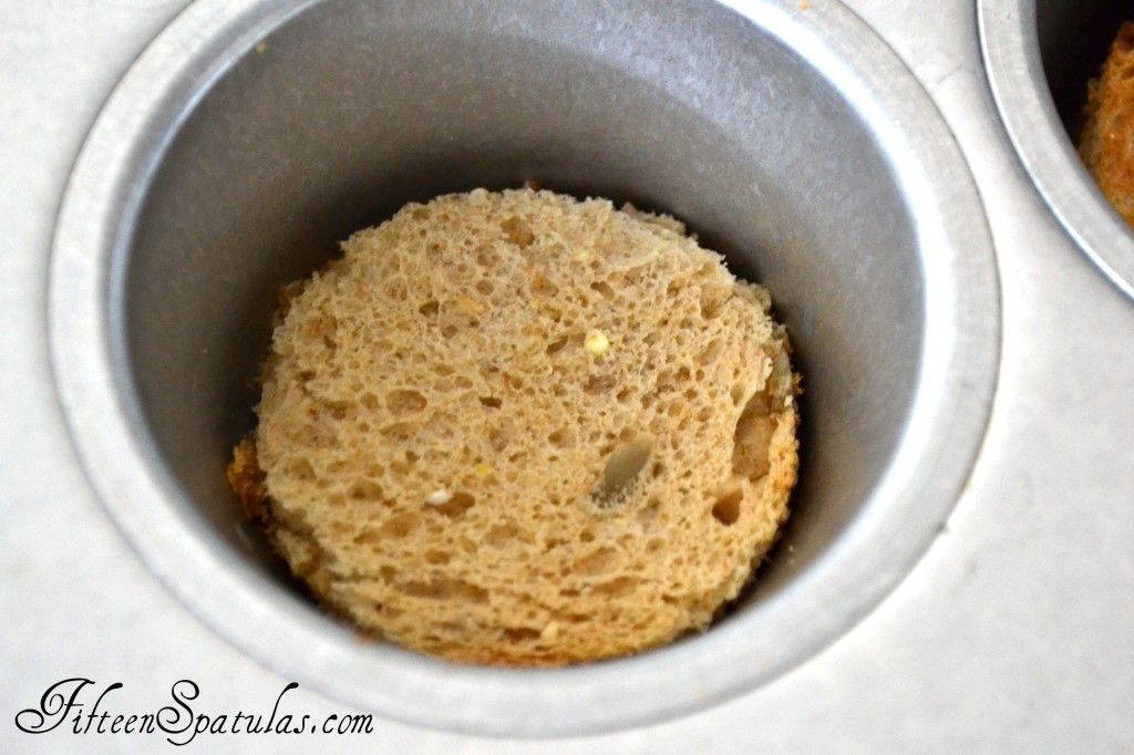 Cut Bread Circle Inside Bottom of Aluminum Muffin Tin