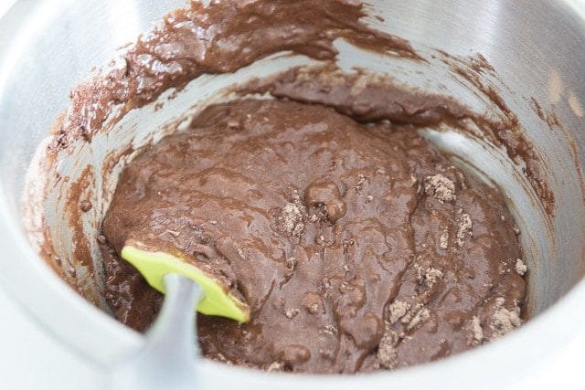 Chocolate Cupcake Batter in Mixing Bowl with Spatula