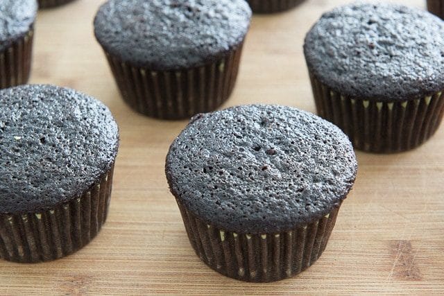 Dark Chocolate Cupcakes - on Wooden Board Showing Moist Texture and Dark Color