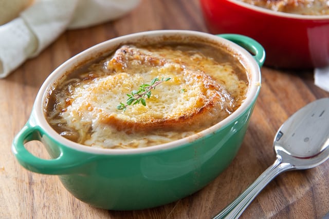 French Onion Soup in Green Oval Dish