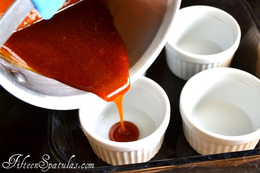 Pouring Caramel Mixture into White Ramekins