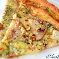Pear Gorgonzola Pizza - Two Slices on White Plate