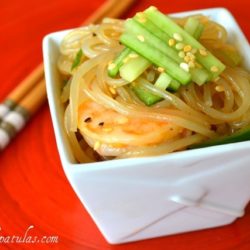 Sesame Noodles - in White Takeout Container with Shrimp and Cucumber
