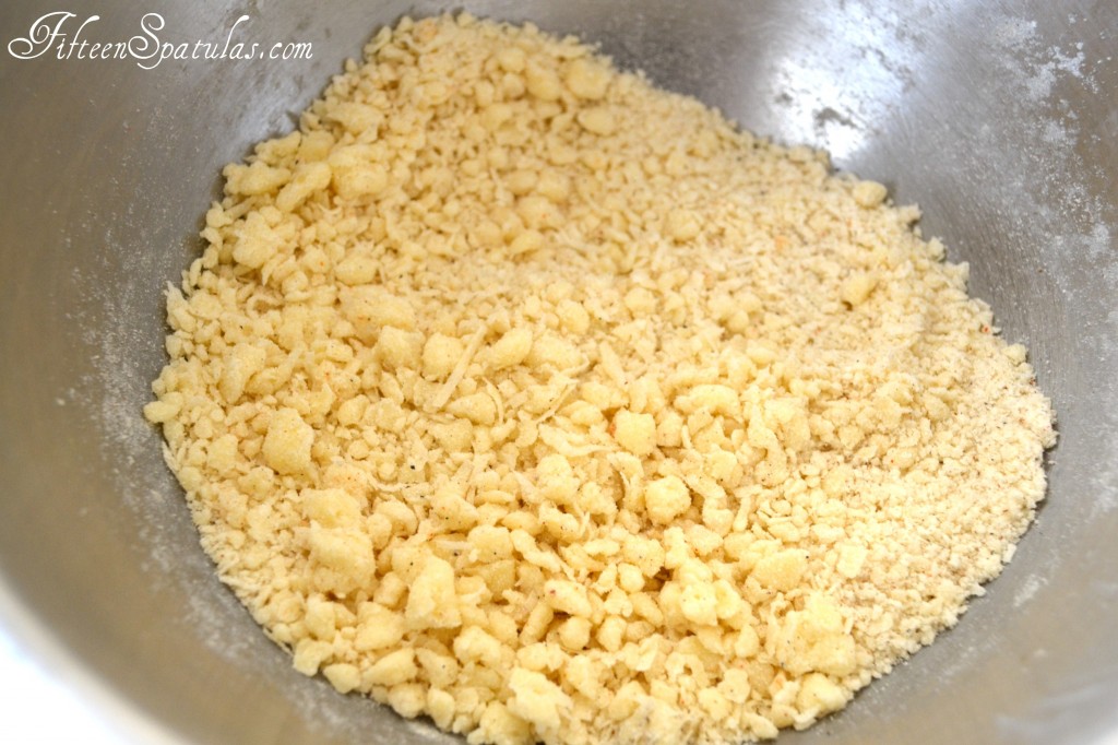 Mixing Bowl with Cheddar Crisp mixture cheese and crispy rice