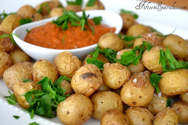 Roasted Baby Potatoes with Romesco Dip - Fifteen Spatulas