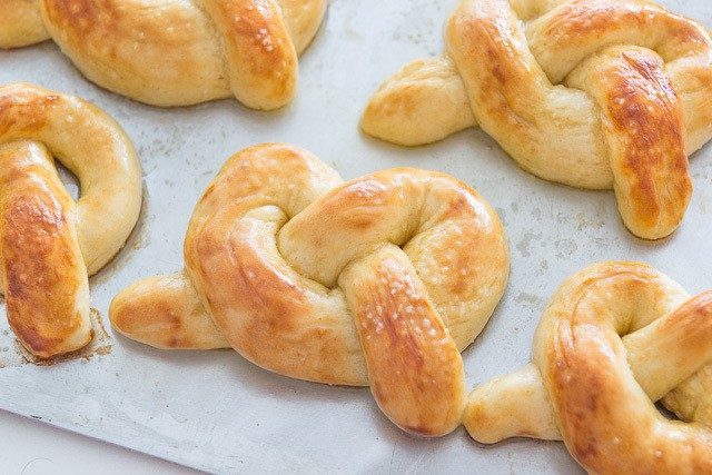 Pretzel Recipe Baked On a Sheet Tray and Sprinkled with Salt