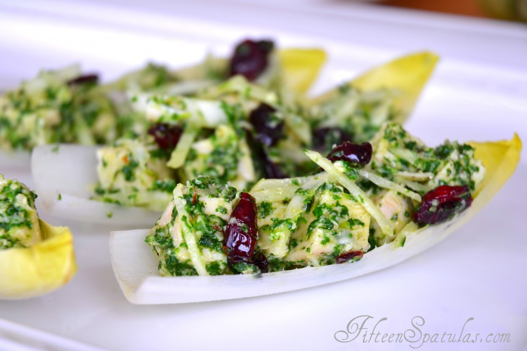 Endive Cups - Filled with Cranberry Pesto Chicken Salad and Arranged on Plate