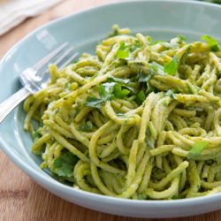 Green Spaghetti Pasta in Bowl with Cilantro