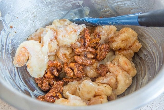 Tossed Together Walnuts, Shrimp, and Sauce Shows How to Make Honey Walnut Shrimp