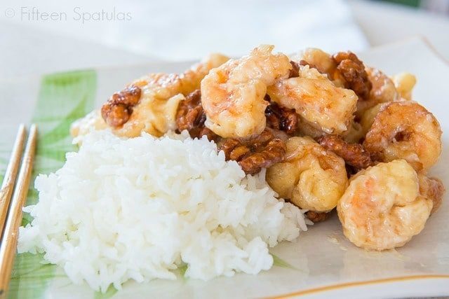 Honey Walnut Shrimp on Platter with White Rice