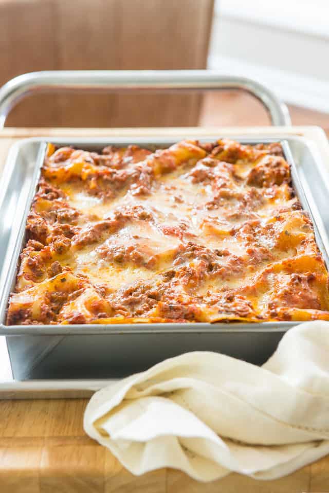 Lasagna - Big Metal Tray Baked Fresh and Made with Tomato Meat Sauce, Shredded Mozzarella and Parmesan Cheeses