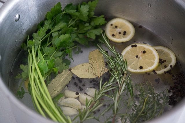 Fried Chicken Brine - In Stock Pot with Parsley, Rosemary, Lemon, Bay leaf, and Peppercorns