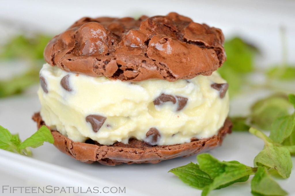Mint Gelato Ice Cream Sandwich with Rocky Road Cookies and Mint Sprigs