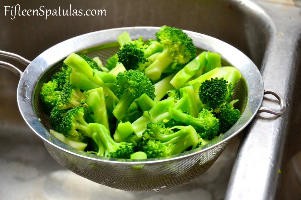 Blanched Broccoli Florets in Fine Mesh Strainer